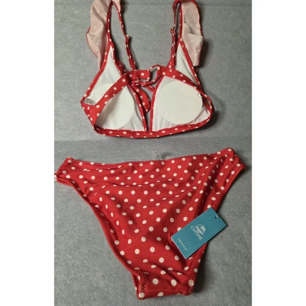 CUPSHE Red White Polka Dot Bikini Set Women's Size S Ruffle Triangle 2 Pc NWT